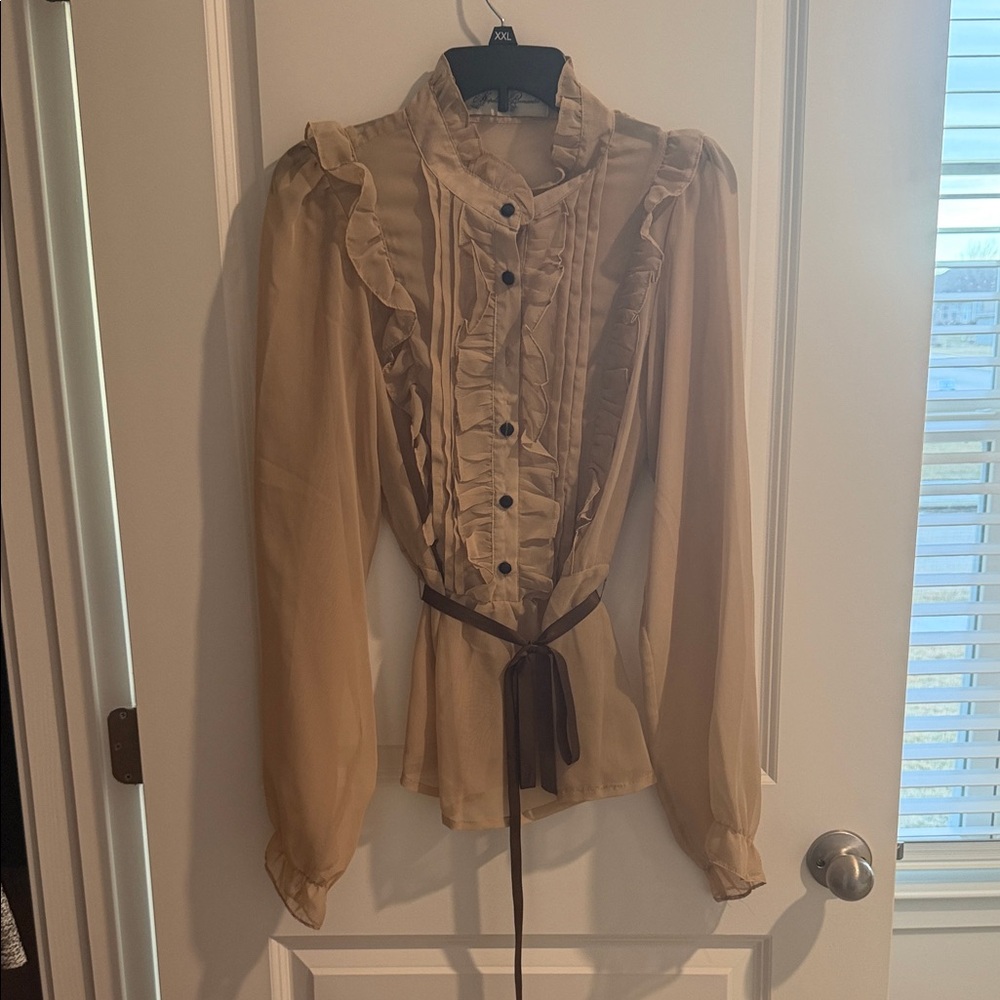 Hopeless Romantic Ruffled Beige Blouse with Belt
